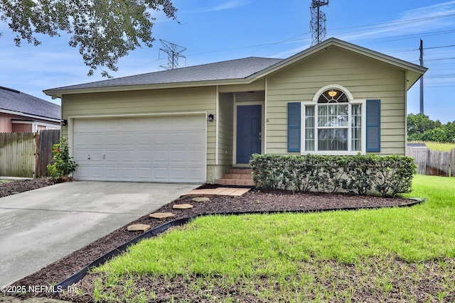 single story home featuring a garage and a front lawn