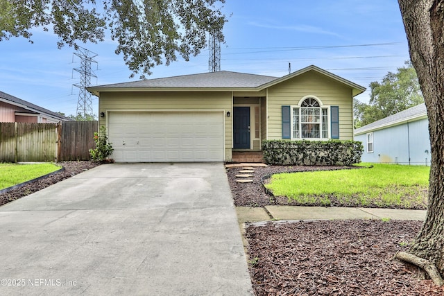 single story home with a garage and a front yard