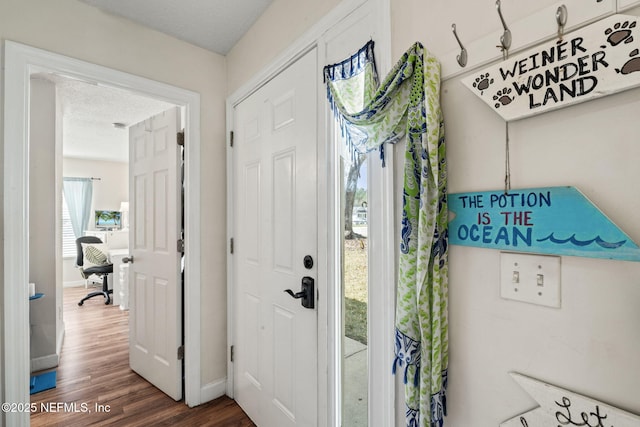 foyer entrance featuring dark hardwood / wood-style floors and a textured ceiling