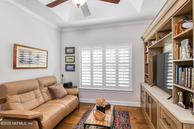 living room featuring dark hardwood / wood-style flooring, ceiling fan, and crown molding