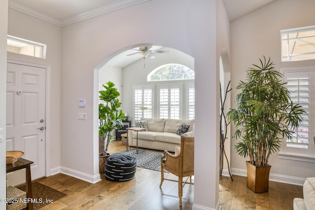 foyer with vaulted ceiling, crown molding, ceiling fan, and wood-type flooring