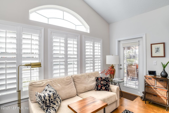 living room with light wood-type flooring and vaulted ceiling