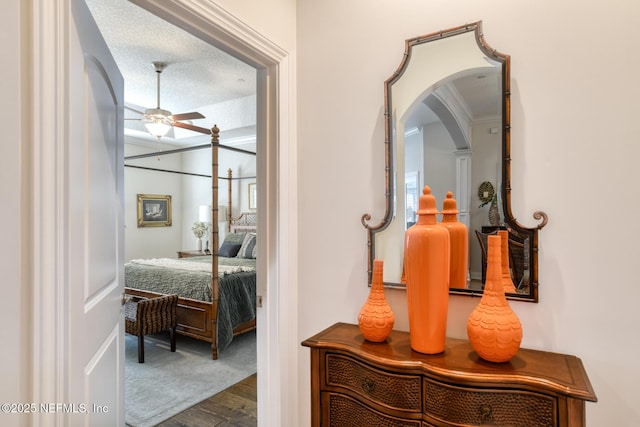 corridor with crown molding, a textured ceiling, and hardwood / wood-style floors