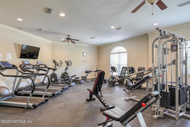 exercise room with ceiling fan, crown molding, and a textured ceiling