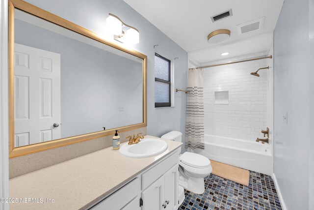 bathroom with toilet, shower / bathtub combination with curtain, visible vents, and vanity