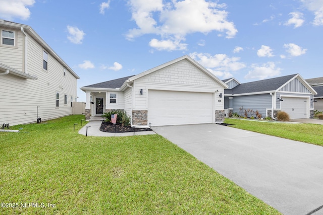 view of front of house featuring a garage, driveway, a front lawn, and stone siding