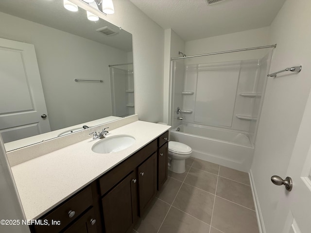 full bathroom featuring vanity, visible vents,  shower combination, tile patterned floors, and toilet