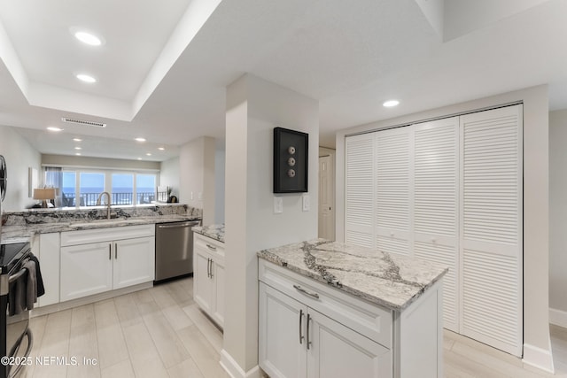 kitchen featuring a sink, electric range oven, visible vents, white cabinets, and stainless steel dishwasher