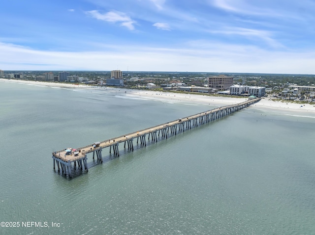 bird's eye view with a view of city, a pier, and a water view