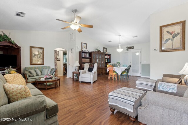 37069 Lee St, Hilliard, FL 32046 - living room with ceiling fan, lofted ceiling, and dark hardwood / wood-style flooring