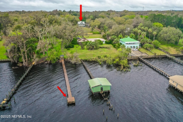 drone / aerial view with a water view and a wooded view