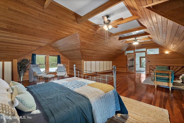 bedroom featuring vaulted ceiling with beams, wood-type flooring, wooden ceiling, and wood walls