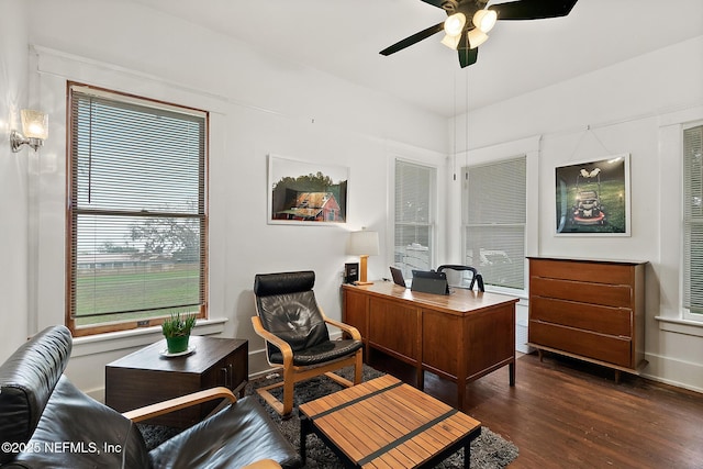 office space with wood finished floors, a ceiling fan, and baseboards