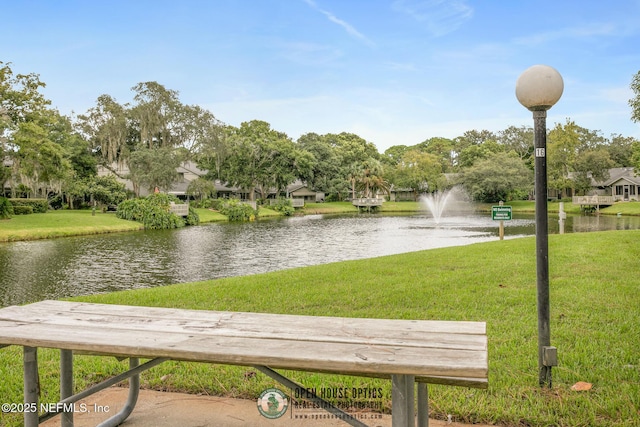 view of property's community featuring a water view and a lawn