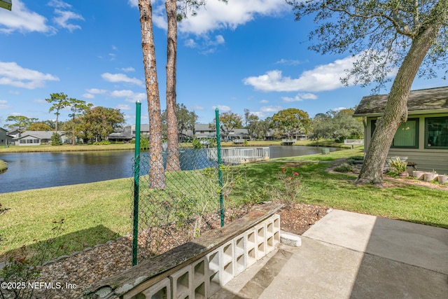 view of patio featuring a water view