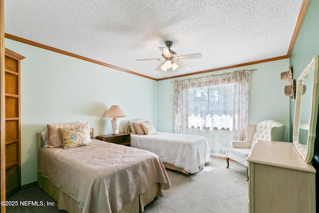 bedroom with light carpet, ornamental molding, a textured ceiling, and a ceiling fan