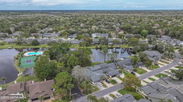 aerial view with a water view and a residential view