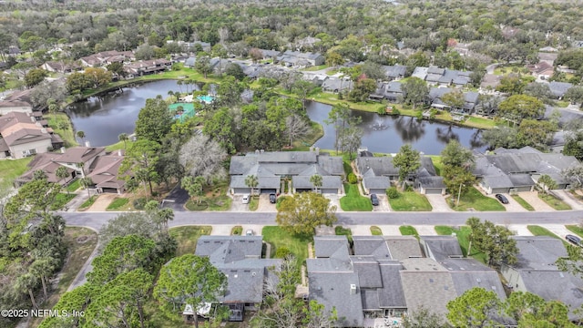 aerial view featuring a residential view and a water view