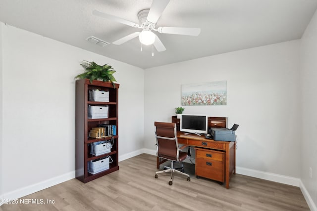 home office featuring ceiling fan and light hardwood / wood-style floors