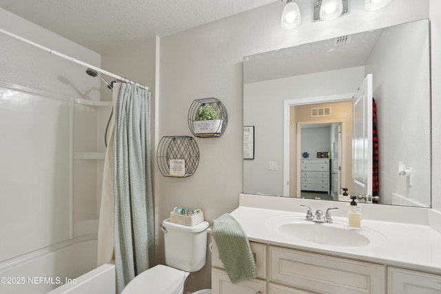 full bathroom featuring vanity, toilet, and shower / bathtub combination with curtain