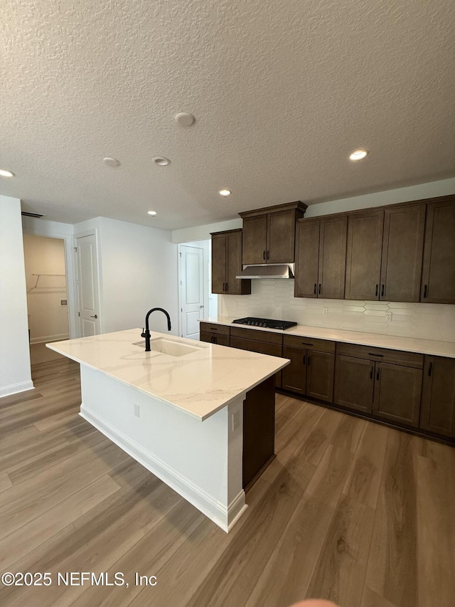 kitchen featuring light wood-style floors, a center island with sink, light stone counters, and a sink