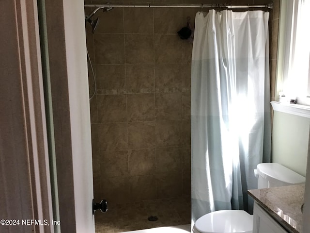 bathroom with vanity, curtained shower, and toilet