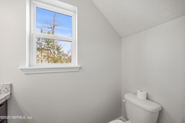 bathroom with lofted ceiling, toilet, vanity, and a textured ceiling