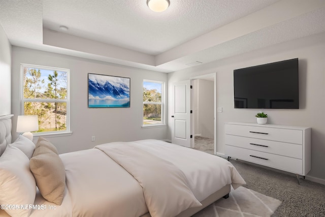 bedroom featuring carpet floors, a raised ceiling, a textured ceiling, and baseboards