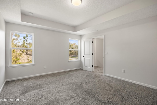 carpeted empty room featuring a textured ceiling and baseboards