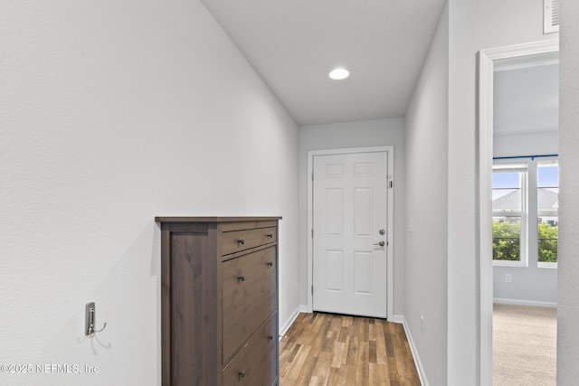 entryway with baseboards and wood finished floors