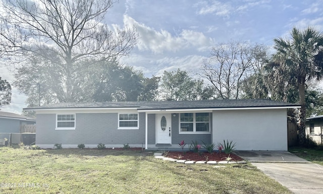 single story home featuring a front lawn and fence