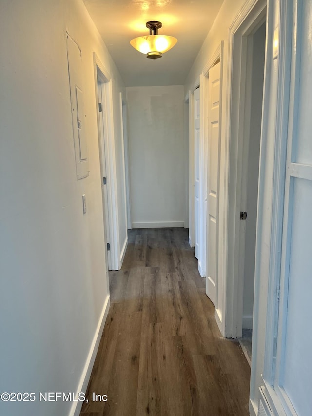 hall featuring electric panel, baseboards, and wood finished floors