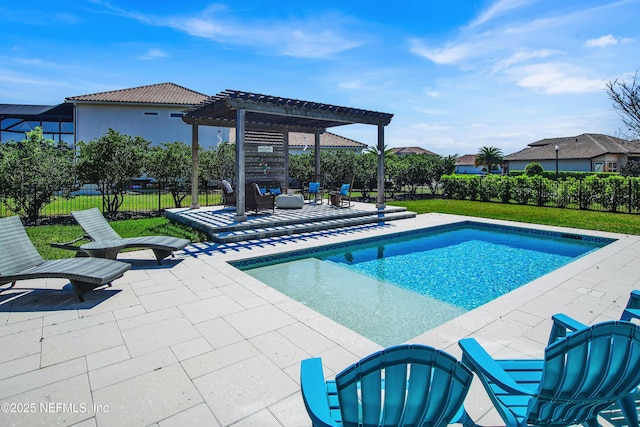 view of swimming pool featuring a patio, outdoor lounge area, and a pergola