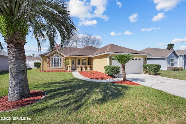 ranch-style home with covered porch, a front yard, and a garage