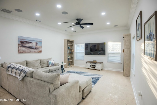 living room featuring ceiling fan and ornamental molding