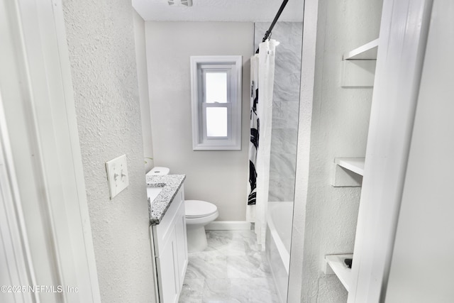 full bathroom with baseboards, a textured wall, toilet, marble finish floor, and vanity