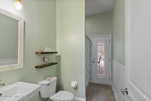 full bathroom with toilet, wainscoting, a sink, and wood finished floors