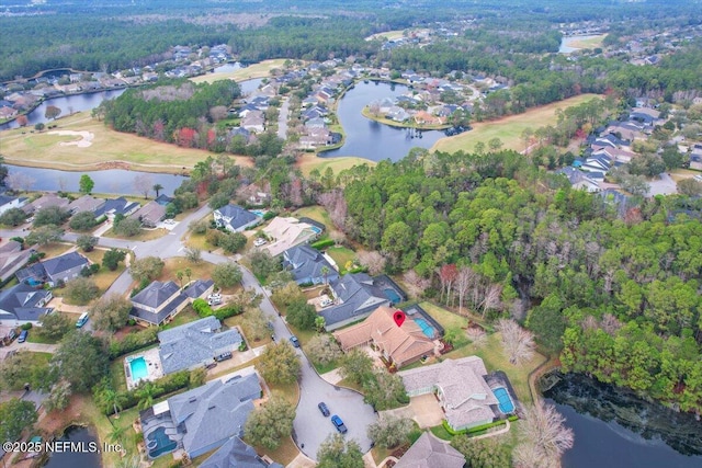 aerial view with a water view and a residential view