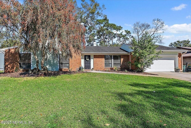 view of front of property with a garage, driveway, a front lawn, and brick siding