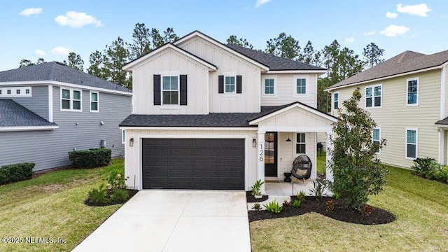 view of front of property featuring a garage, a front lawn, board and batten siding, a porch, and driveway