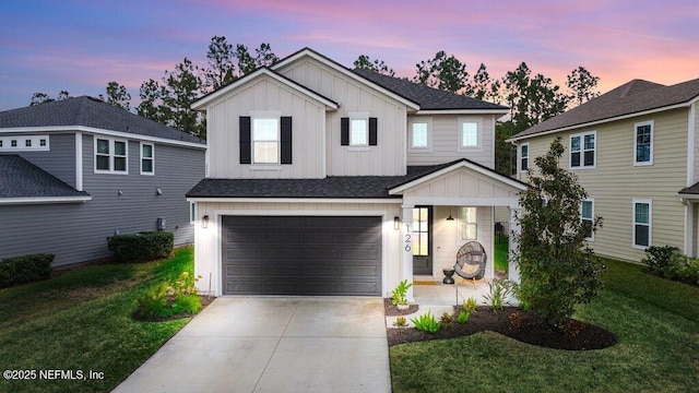126 Spinner Dr, Ponte Vedra, FL 32081 - view of front facade featuring board and batten siding, driveway, a garage, a lawn, and a porch