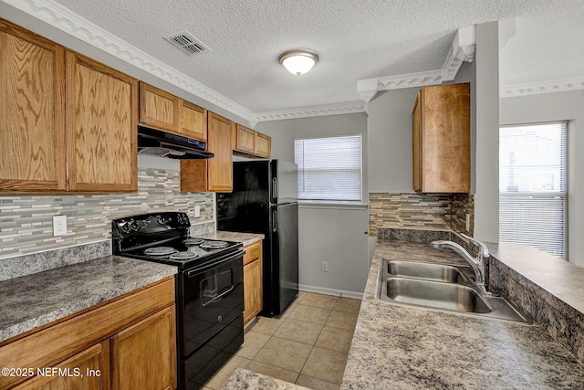 kitchen with light tile patterned floors, sink, backsplash, black appliances, and ornamental molding