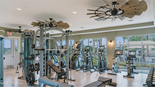 gym with visible vents, recessed lighting, and a ceiling fan