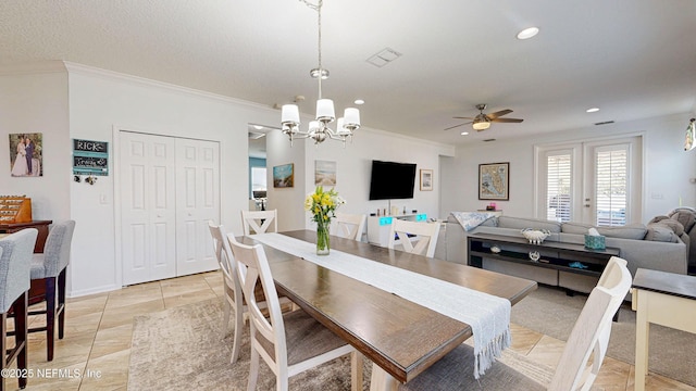 dining room featuring light tile patterned floors, recessed lighting, baseboards, crown molding, and ceiling fan with notable chandelier