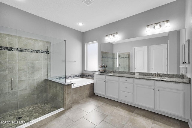 bathroom with separate shower and tub and vanity