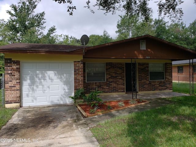 ranch-style house with brick siding, driveway, and an attached garage