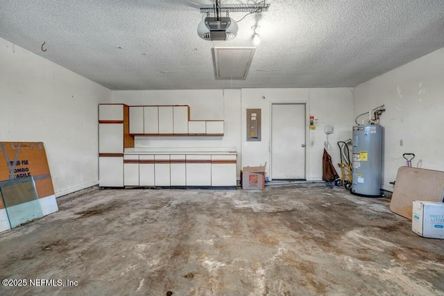 garage featuring water heater, electric panel, and a garage door opener