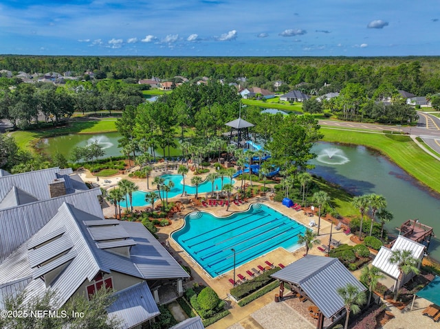 drone / aerial view featuring a water view