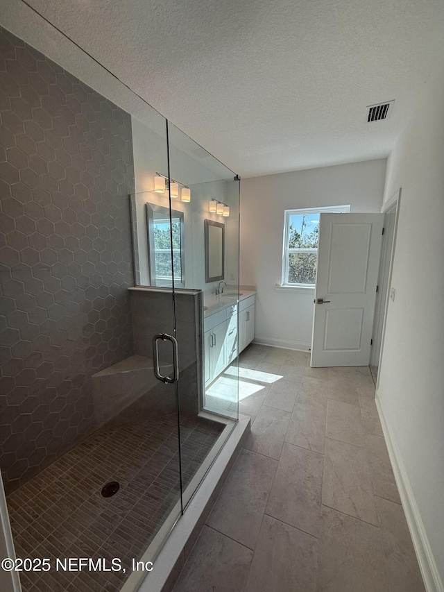 35 Mahogany Way, Palm Coast, FL 32164 - bathroom with vanity, a textured ceiling, and a shower with shower door