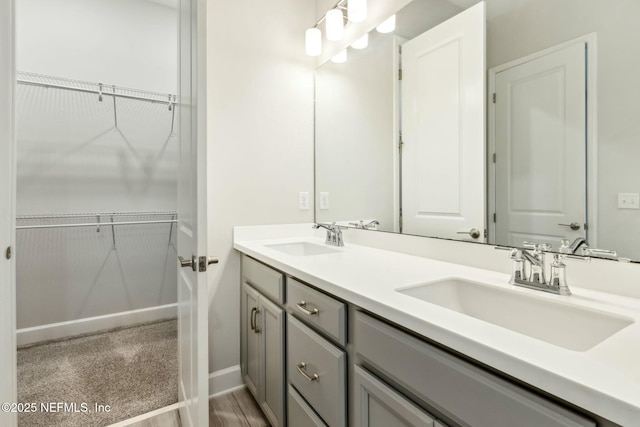 full bath featuring a walk in closet, a sink, and double vanity